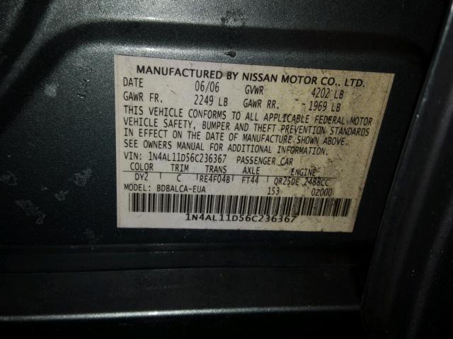 1N4AL11D56C236367 - 2006 NISSAN ALTIMA S GREEN photo 10