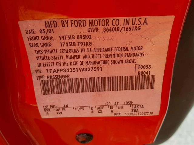 1FAFP34351W327591 - 2001 FORD FOCUS SE RED photo 10