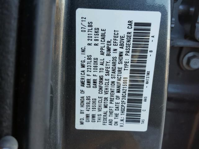 1HGCP2F38CA215969 - 2012 HONDA ACCORD LX GRAY photo 10