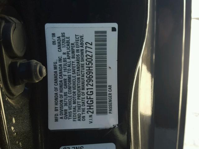 2HGFG12969H502772 - 2009 HONDA CIVIC EXL BLACK photo 10