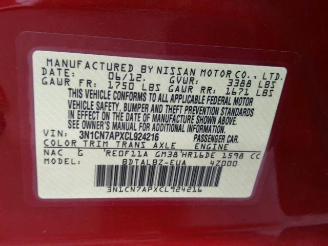 3N1CN7APXCL924216 - 2012 NISSAN VERSA S RED photo 10