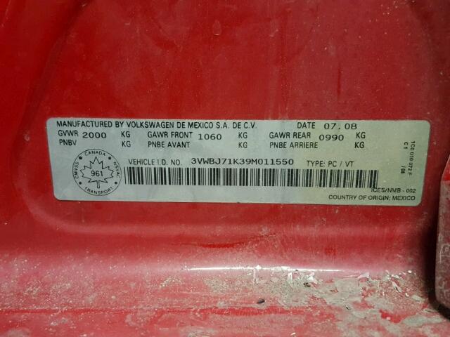 3VWBJ71K39M011550 - 2009 VOLKSWAGEN GLI წითელი ფოტო 10