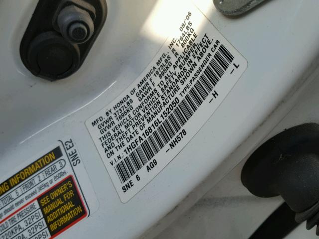 1HGFA16816L152050 - 2006 HONDA CIVIC EX WHITE photo 10