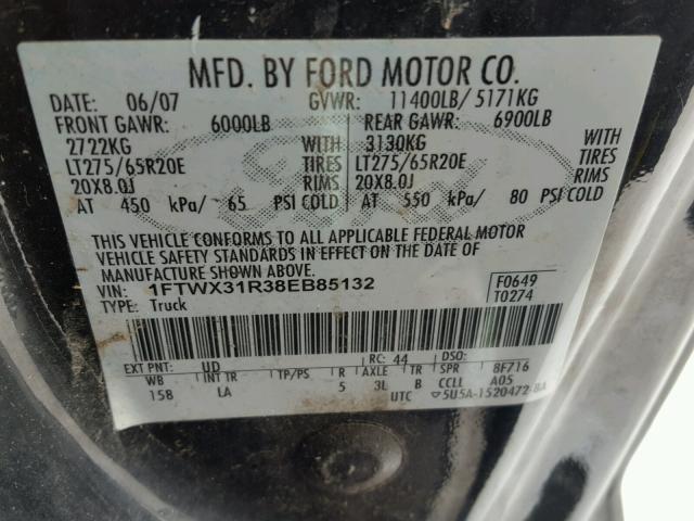 1FTWX31R38EB85132 - 2008 FORD F350 SRW S BLACK photo 10