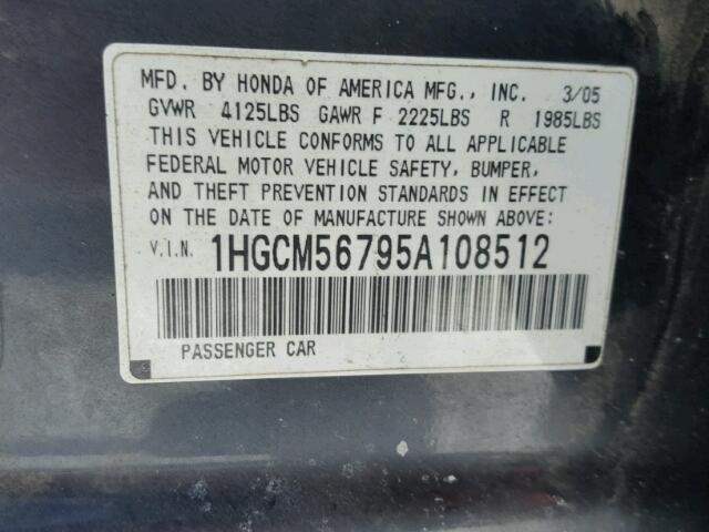 1HGCM56795A108512 - 2005 HONDA ACCORD EX GRAY photo 10