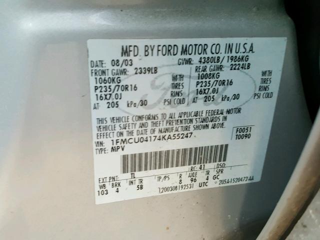 1FMCU04174KA55247 - 2004 FORD ESCAPE LIM SILVER photo 10