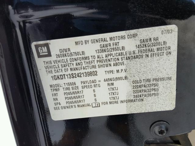 1GKDT13S242139802 - 2004 GMC ENVOY BLACK photo 10