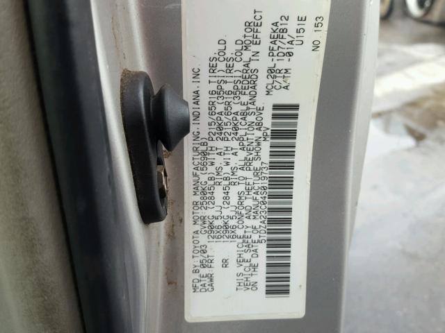 5TDZA23C04S019737 - 2004 TOYOTA SIENNA CE SILVER photo 10