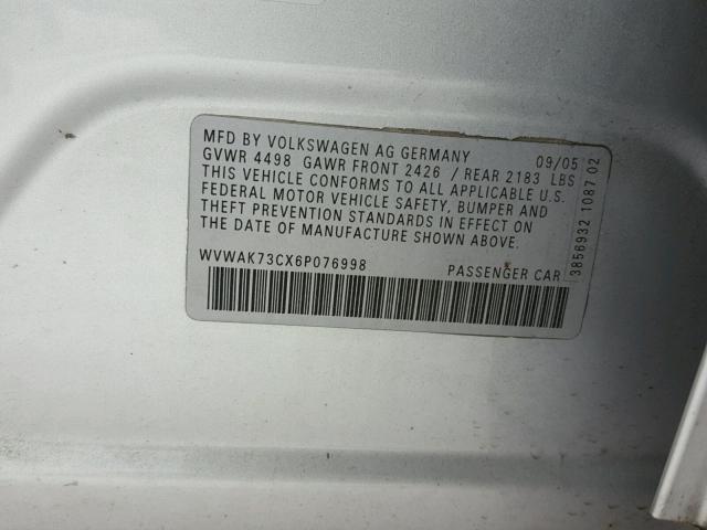 WVWAK73CX6P076998 - 2006 VOLKSWAGEN PASSAT 2.0 SILVER photo 10