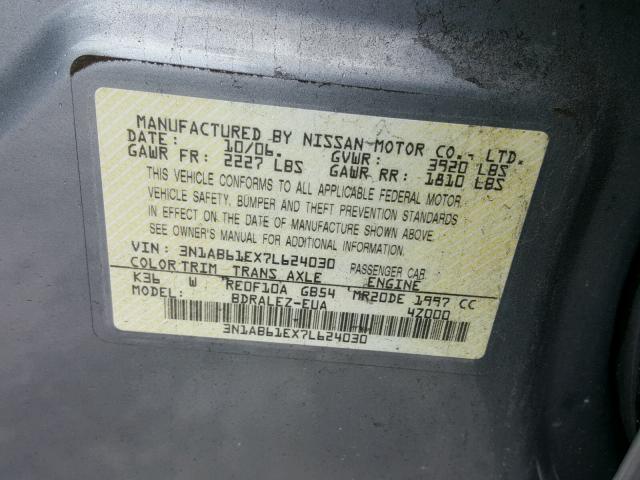 3N1AB61EX7L624030 - 2007 NISSAN SENTRA S GRAY photo 10