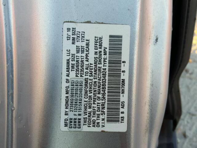 5FNRL5H64BB034824 - 2011 HONDA ODYSSEY EX SILVER photo 10