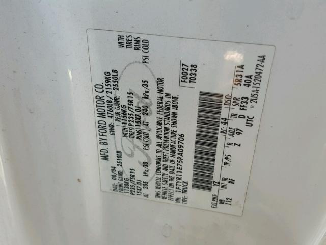 1FTYR11E75PA09706 - 2005 FORD RANGER WHITE photo 10