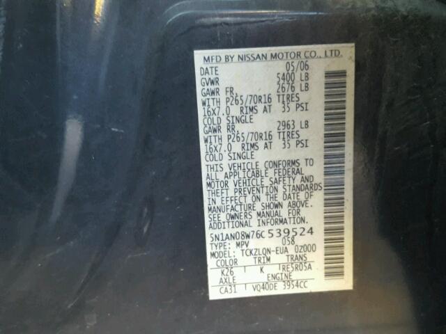 5N1AN08W76C539524 - 2006 NISSAN XTERRA OFF GRAY photo 10