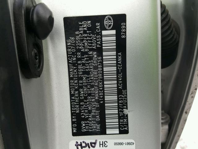 4T4BE46K79R088756 - 2009 TOYOTA CAMRY BASE SILVER photo 10