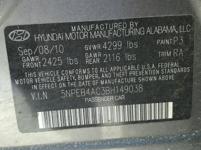 5NPEB4AC3BH149038 - 2011 HYUNDAI SONATA GLS GRAY photo 10