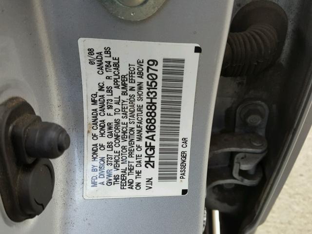 2HGFA16888H315079 - 2008 HONDA CIVIC EX SILVER photo 10