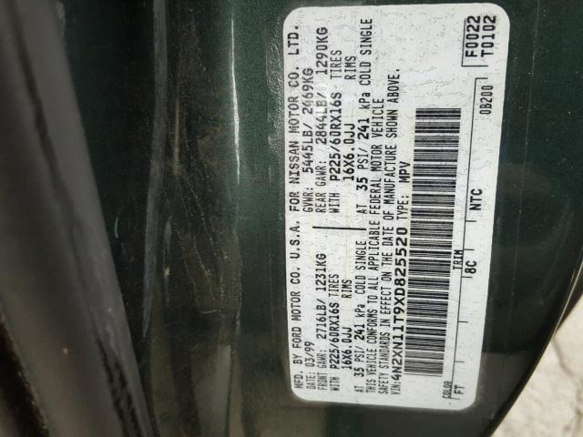 4N2XN11T9XD825520 - 1999 NISSAN QUEST SE GREEN photo 10