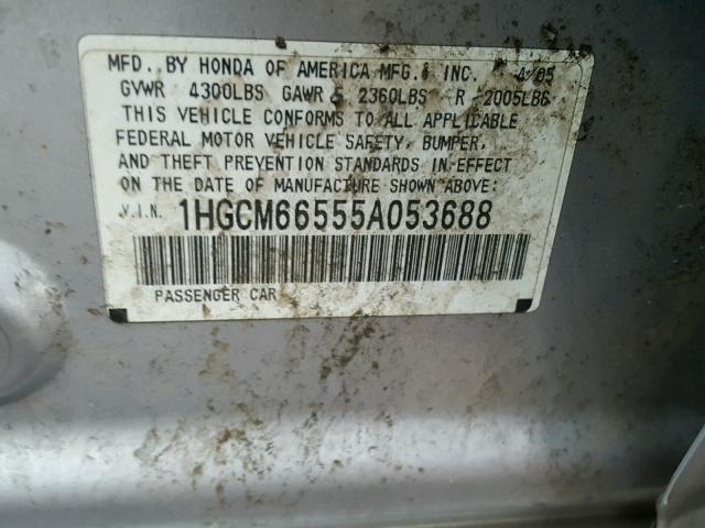 1HGCM66555A053688 - 2005 HONDA ACCORD EX SILVER photo 10