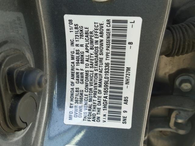 1HGFA16599L019336 - 2009 HONDA CIVIC LX GRAY photo 10