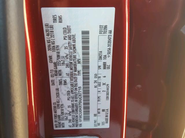 1FMCU0HX7DUC67715 - 2013 FORD ESCAPE SEL RED photo 10