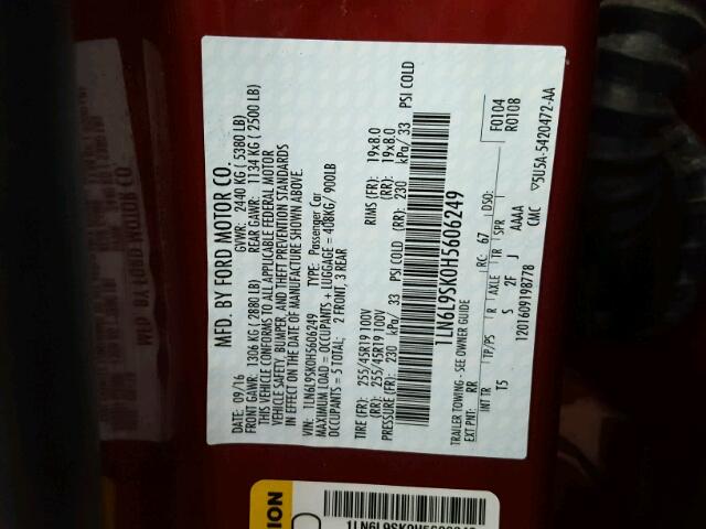 1LN6L9SK0H5606249 - 2017 LINCOLN CONTINENTA BURGUNDY photo 10