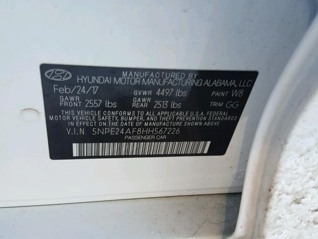 5NPE24AF8HH567226 - 2017 HYUNDAI SONATA SE WHITE photo 10