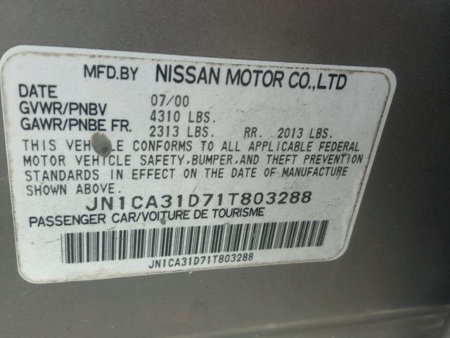 JN1CA31D71T803288 - 2001 NISSAN MAXIMA GXE GRAY photo 10