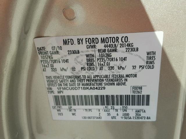 1FMCU0D71BKA04229 - 2011 FORD ESCAPE XLT TAN photo 10