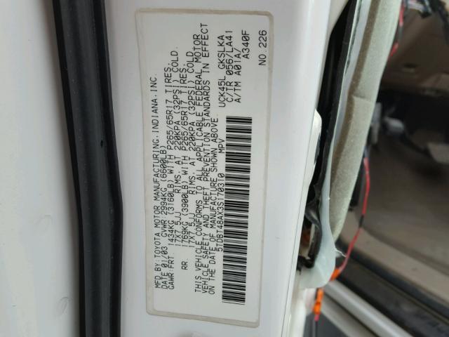 5TDBT48AX3S170310 - 2003 TOYOTA SEQUOIA LI WHITE photo 10