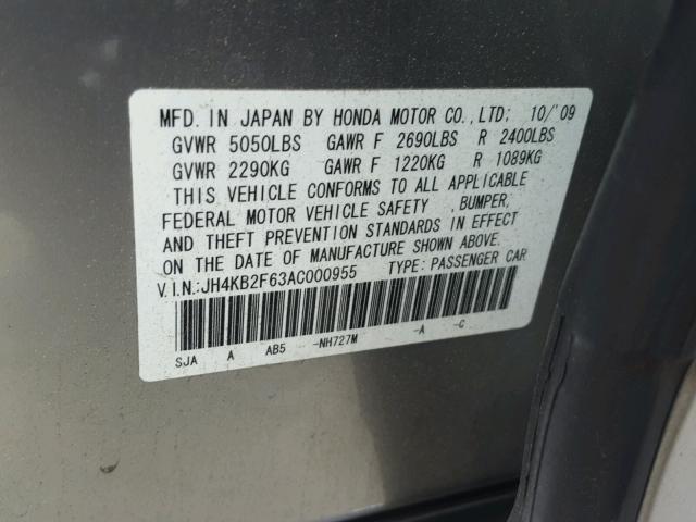 JH4KB2F63AC000955 - 2010 ACURA RL SILVER photo 10