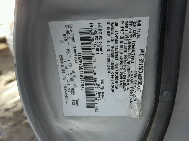 1FAFP58U15A217073 - 2005 FORD TAURUS SE SILVER photo 10