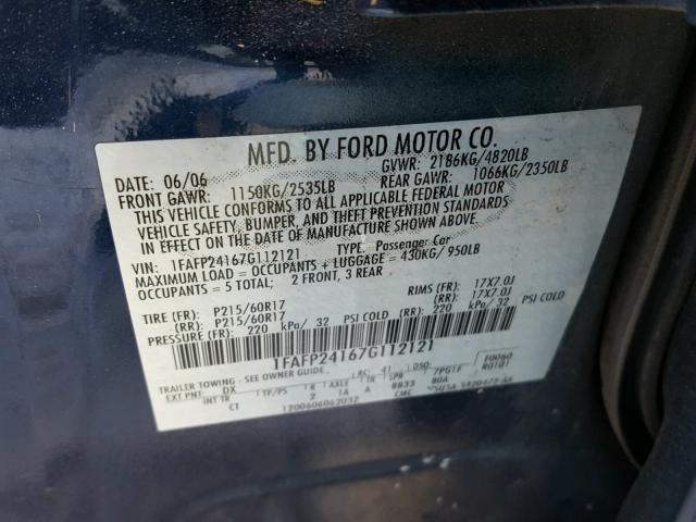 1FAFP24167G112121 - 2007 FORD FIVE HUNDR BLUE photo 10