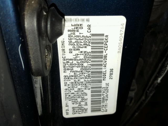 4T1BE30K93U172825 - 2003 TOYOTA CAMRY LE ლურჯი ფოტო 10