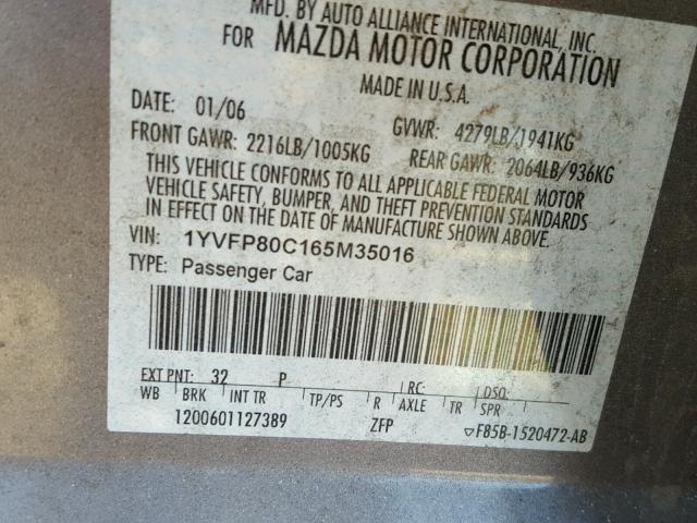 1YVFP80C165M35016 - 2006 MAZDA 6 I SILVER photo 10