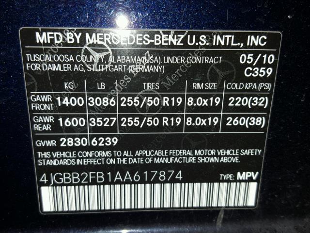 4JGBB2FB1AA617874 - 2010 MERCEDES-BENZ ML 350 BLU BLUE photo 10