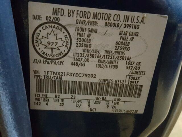 1FTNX21F3YEC79202 - 2000 FORD F250 SUPER BLUE photo 10