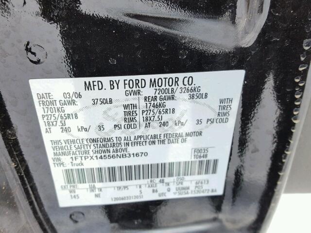 1FTPX14556NB31670 - 2006 FORD F150 BLACK photo 10