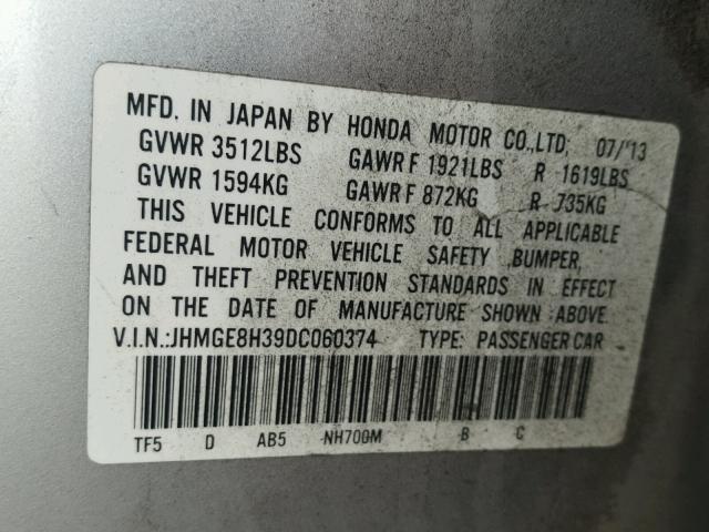 JHMGE8H39DC060374 - 2013 HONDA FIT SILVER photo 10