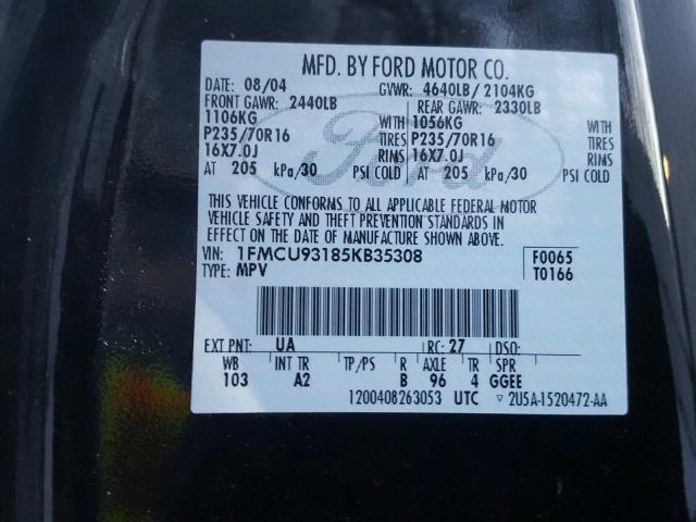 1FMCU93185KB35308 - 2005 FORD ESCAPE XLT BLACK photo 10