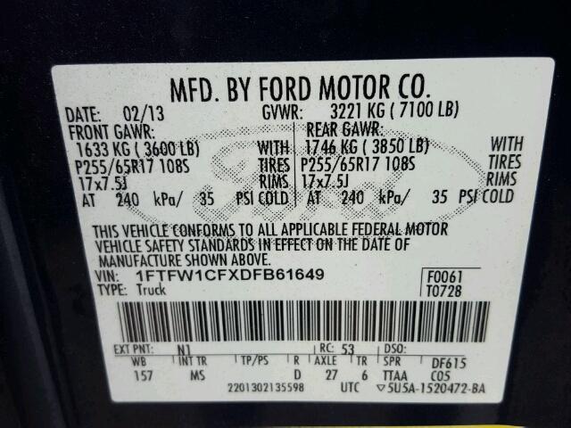 1FTFW1CFXDFB61649 - 2013 FORD F150 SUPER BLUE photo 10