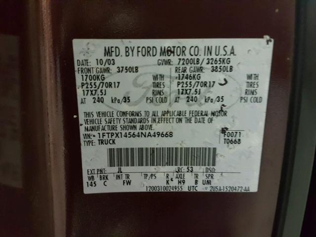 1FTPX14564NA49668 - 2004 FORD F150 MAROON photo 10