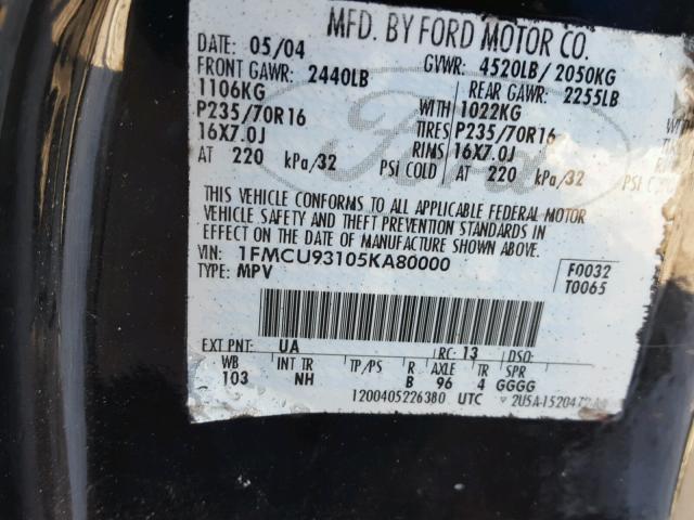 1FMCU93105KA80000 - 2005 FORD ESCAPE XLT BLACK photo 10