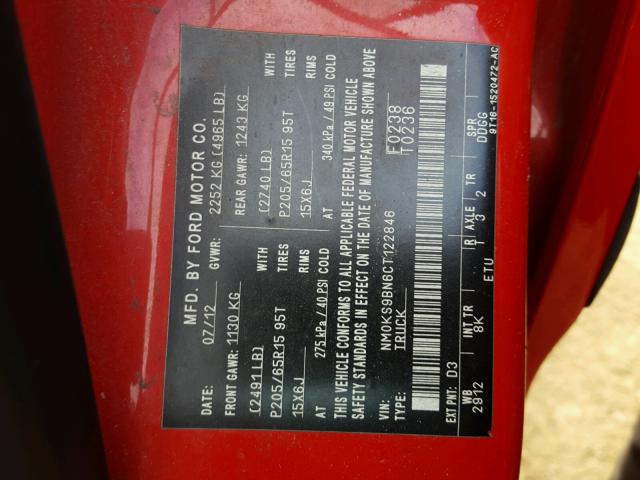 NM0KS9BN6CT122846 - 2012 FORD TRANSIT CO RED photo 10