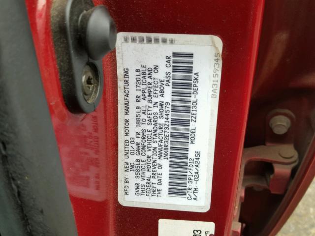 1NXBR32E73Z144579 - 2003 TOYOTA COROLLA CE RED photo 10