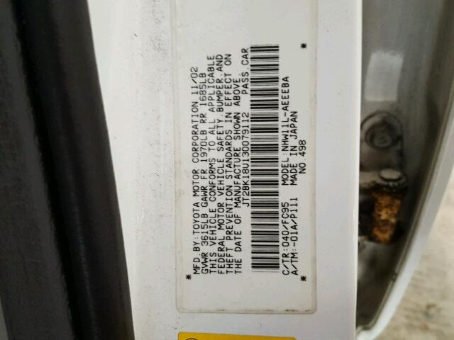 JT2BK18U130079112 - 2003 TOYOTA PRIUS WHITE photo 10