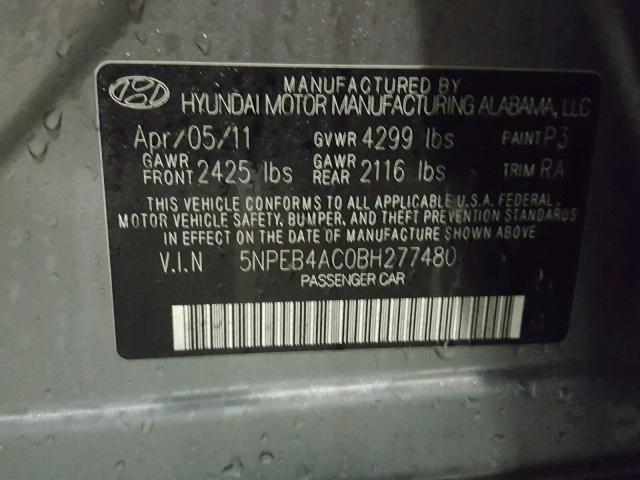 5NPEB4AC0BH277480 - 2011 HYUNDAI SONATA GLS GRAY photo 10