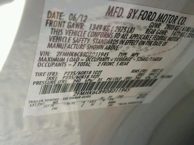 2FMHK6C89DBD11945 - 2013 FORD FLEX SEL Ağ foto 10