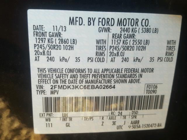 2FMDK3KC6EBA02664 - 2014 FORD EDGE LIMIT BLACK photo 10