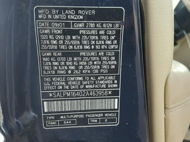 SALPM16402A463958 - 2002 LAND ROVER RANGE ROVE BLUE photo 10