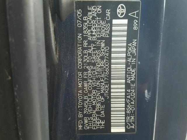 JTKDE177660077470 - 2006 TOYOTA SCION TC BLUE photo 10